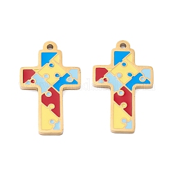 Vacuum Plating 304 Stainless Steel Enamel Pendants, Manual Polishing, Cross with Puzzle Pattern, Real 18K Gold Plated, 25x15x1mm, Hole: 1.4mm