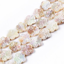 Electroplated Natural Freshwater Shell Beads Strands, AB Color Plated, Flower, Colorful, 14.5~15.5x15~15.5x2~3mm, Hole: 0.9mm, about 25pcs/strand, 14.17 inch(36cm)
