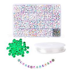 DIY Jewelry Making Kits, Including White Flat Round Acrylic Beads Colorful Letter, Elastic Crystal Thread, Mixed Color, 1920Pcs/Set