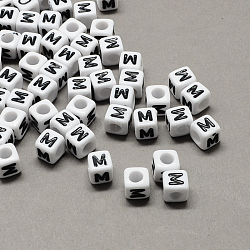 Perline europee di grandi dimensioni in acrilico, foro orizzontale, bianco & nero, cubo con letter.m, 6x6x6mm, Foro: 4 mm