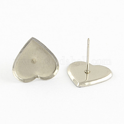 Aretes cabujón ajustes 304 aretes de acero inoxidable ajustes en blanco, color acero inoxidable, bandeja de corazón: 8x9 mm, 9x8x1.5mm, pin: 0.8 mm