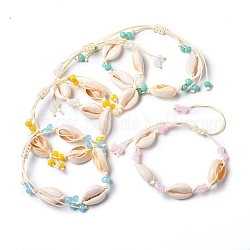 Adjustable Braided Bead Bracelets, with Natural Cowrie Shell Beads, Rondelle Glass Beads and Waxed Polyester Cord, Mixed Color, Inner Diameter: 2-1/4 inch~3-3/4 inch(5.6~9.6cm)