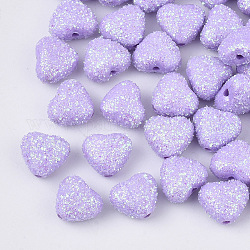 Perles acryliques opaques, avec de la poudre de paillettes, cœur, support violet, 8x9.5x5.5mm, Trou: 1.4mm