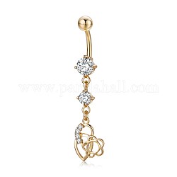 Piercing Jewelry, Brass Cubic Zirciona Navel Ring, Belly Rings, with 304 Stainless Steel Bar, Lead Free & Cadmium Free, Teardrop and Flower, Clear, 48.5mm, Pendant: 26.5x11mm, Bar: 14 Gauge(1.6mm), Bar Length: 3/8