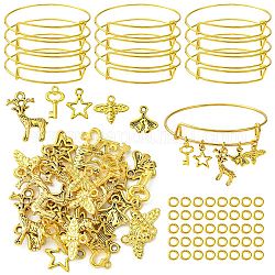Kit de fabrication de bracelets à breloques bricolage, y compris la fabrication de bracelets extensibles en fer réglable, Pendentif en alliage , étoile et renne et clé de squelette et feuille, or, 90 pcs /sachet 