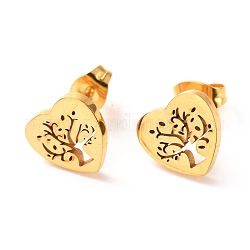 Chapado iónico (ip) 304 pendientes de botón de acero inoxidable, Corazón con el árbol, dorado, 11x10mm, pin: 0.8 mm