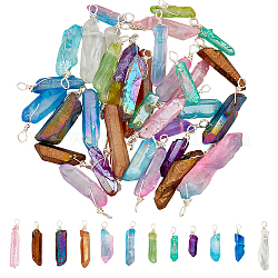 48Pcs 12 Colors Electroplated & Dyed Natural Quartz Crystal Pendants, Silver Color Plated Copper Wire Wrapped Nuggets Charms, Mixed Color, 10~53x2~15x5~13mm, Hole: 3mm, 4pcs/color