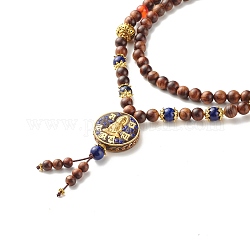 Buddha flache runde indoneisa anhänger halskette, Rundes Holz & natürlicher roter Achat & Lapislazuli Perlen Amulett buddhistische Halskette für Männer Frauen, Farbig, 32.28 Zoll (82 cm)