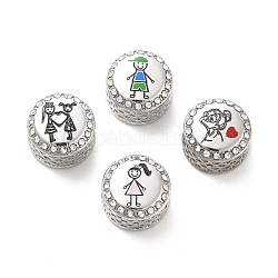304 Stainless Steel European Beads, with Enamel & Rhinestone, Large Hole Beads, Flat Round with Human, Stainless Steel Color, 12x8mm, Hole: 4mm