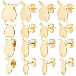 Beebeecraft 80Pcs 4 Style 201 Stainless Steel Stud Earring Findings, with Hole & 304 Stainless Steel Pins & Ear Nuts, Fish, Real 24K Gold Plated, 10.5~15x6.5~12.5mm, hole: 1.2~1.8mm, pin: 0.8mm, 20Pcs/style