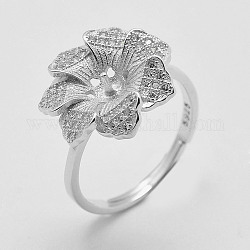 Verstellbare 925 Sterling Silber Ring Komponenten, für die Hälfte gebohrt Perlen, mit Zirkonia, Blume, Größe 7, Platin Farbe, 17 mm, Stift: 0.6 mm