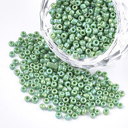 Granos de semillas de vidrio opaco, arco iris chapado, redondo, verde mar medio, 3mm, agujero: 1 mm, aproximamente 10000 unidades / bolsa