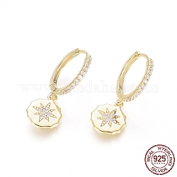 925 Sterling Silver Hoop Earrings, with Micro Pave Cubic Zirconia, Flat Round and Star, Clear, Golden, 23.5mm, Pin: 0.7mm