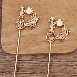 Iron Hair Stick Findings, with Alloy Pipa and Settings, Light Gold, 145x30mm