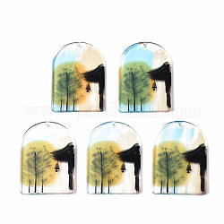 Colgantes de acrílico impresos transparentes, medio óvalo con árbol, colorido, 42x29x2.5mm, agujero: 1.6 mm