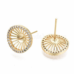 Brass Micro Pave Clear Cubic Zirconia Stud Earring Findings, for Half Drilled Bead, Nickel Free, Flat Round, Real 18K Gold Plated, 12x12mm, Pin: 0.7mm, Pin: 0.6mm(for Half Drilled Bead)