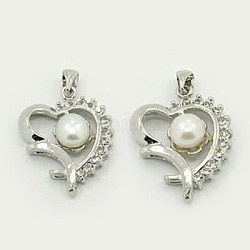 Natural Cultured Freshwater Pearl Pendants, with Brass Rhinestone Findings, Heart, Platinum Metal Color, White, 25x20x7mm, Hole: 3x4mm