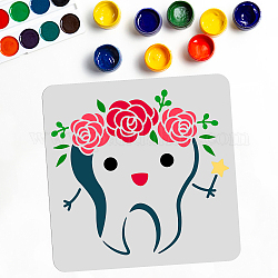 Mayjoydiy 歯のステンシル 歯の花の王冠ステンシル 歯の妖精 再利用可能なテンプレート 11.8×11.8 インチ、壁に塗るための家具工芸品、DIY 装飾フォトアルバム