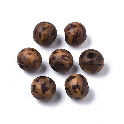 Cuentas de madera natural impresas, teñido, redondo con estampado de leopardo, coco marrón, 12mm, agujero: 3 mm