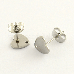 304 Stainless Steel Heart Stud Earring Findings, with Loop, Stainless Steel Color, 8x8mm, Hole: 1mm, pin: 0.8mm