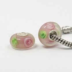 Handmade Inner Flower Lampwork European Beads, with Single Sterling Silver Core, Large Hole Rondelle Beads, Colorful, 14x7mm, Hole: 4.5mm