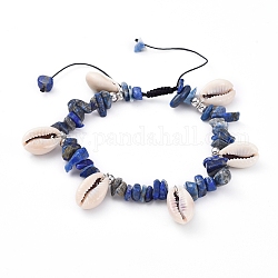 Bracelets de perles de nylon tressés réglables, avec des perles naturelles de lapis-lazuli, perles de cauris et perles en laiton plaqué platine, 2 pouce ~ 3-3/8 pouces (5~8.6 cm)