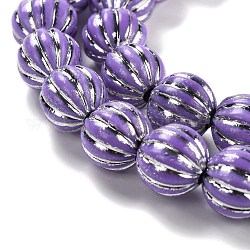 Brins de perles de résine rainurées, métal argenté enlaça, citrouille, lilas, 10~12mm, Trou: 3mm, Environ 32 pcs/chapelet, 13.78'' (35 cm)