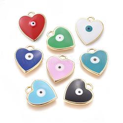 Golden Tone Brass Pendants, with Enamel, Heart with Evil Eye, Mixed Color, 22x20x2mm, Hole: 3x3mm