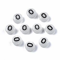 Acrylic Beads, with Enamel and Luminous, Horizontal Hole, Flat Round with Black Letter, Glow in the Dark, Light Grey, Letter.O, 7x3.5mm, Hole: 1.5mm, about 3600~3700pcs/500g