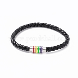 Bracelet de fierté arc-en-ciel, bracelet cordon tressé en cuir pu avec fermoirs magnétiques en émail pour hommes femmes, noir, 9 pouce (22.7 cm)