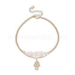 Braccialetto multifilo a doppio strato con ciondoli a mano di hamsa e perline di quarzo rosa naturale, gioielli in acciaio inossidabile per le donne, oro, 9-3/8 pollice (23.7 cm)