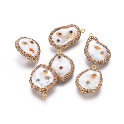 Colgantes naturales de perlas cultivadas de agua dulce, con rhinestone de arcilla polimérica, hallazgo de piedras preciosas sintéticas y latón, lágrima, dorado, dorado, 26.5~32.5x19~22.5x6.5~11.5mm, agujero: 1.5 mm