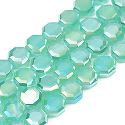 Chapelets de perles en verre électroplaqué, perles d'imitation en jade, de couleur plaquée ab , facette, octogone, turquoise, 7~8x7~8x4mm, Trou: 1.2mm, Environ 72 pcs/chapelet, 20.47 pouce (52 cm)