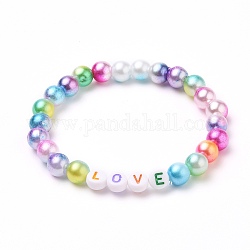 Pulseras redondas con cuentas elásticas de perlas de imitación de acrílico, con cuentas de letras acrílicas planas y redondas, la palabra amor, colorido, diámetro interior: 2-1/4 pulgada (5.8 cm)