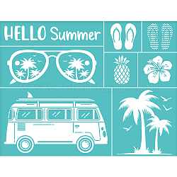 OLYCRAFT 2Pcs Self-Adhesive Silk Screen Printing Stencil Summer Theme Coconut Tree Bus Pineapple Mesh Transfers Silk Screen Reusable Stencil for Painting on Wood T-Shirt Fabric Bags - 280x220mm