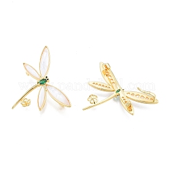 Brass Brooch Findings, Lapel Pin Findings with Shell and Glass, for Half Drilled Beads, Dragonfly, Real 18K Gold Plated, 35x49x8mm, Pin: 1mm