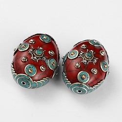 Stile tibetano perline ovali, con resina imitazione cera d'api, turchese sintetico e antichi reperti d'argento ottone, rosso scuro, 41.5x34x23mm, Foro: 2 mm