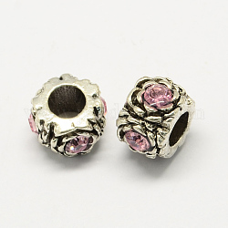 Aleación Diamante de imitación abalorios europeas, flores abalorios agujero grande, plata antigua, rosa luz, 12x8mm, agujero: 5 mm