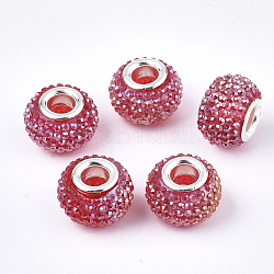 Perles européennes en résine avec strass, Perles avec un grand trou   , en laiton de tonalité de platine noyaux doubles, couleur ab , rondelle, perles baies, rouge, 14x10mm, Trou: 5mm