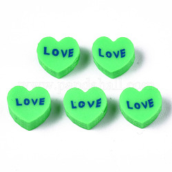 Manuell Polymer Ton Perlen, Herz mit Wort Liebe, Frühlingsgrün, 8~8.5x9~9.5x4.5 mm, Bohrung: 1.8 mm