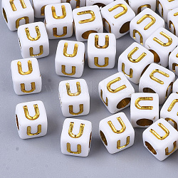 Chapado de abalorios de acrílico, agujero horizontal, metal dorado enlaced, estilo alfabeto, cubo, letter.u, 5.5~6x5.5~6x5.5~6mm, agujero: 3.5 mm, aproximamente 3000 unidades / 500 g