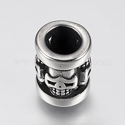 304 Stainless Steel Beads, Column with Skull, Antique Silver, 13x10mm, Hole: 6mm