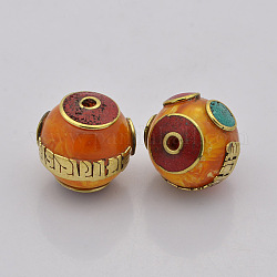 Handmade Tibetan Style Round Beads, Brass Findings with Beewax, Golden, 19x18mm, Hole: 2.5mm