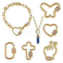 5Pcs 5 Style Brass Micro Pave Cubic Zirconia Screw Carabiner Lock Charms, for Necklaces Making, Real 18K Gold Plated, Mixed Color, 17.5~28x12~23x2~2.5mm, 1pc/style