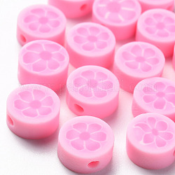 Perles en pâte polymère manuel, plat et circulaire avec fleur, rose, 9~10x4~5mm, Trou: 1.4mm