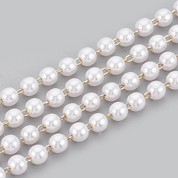 Chaînes de perles en laiton faites à la main de 3.28 pied, soudé, avec bobine, Perle d'imitation en plastique ABS, véritable 18k plaqué or, blanc, 3x2.6mm