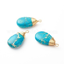 Dyed Natural Regalite/Imperial Jasper/Sea Sediment Jasper Pendants, with Real 18K Gold Plated Eco-Friendly Copper Wire, Teardrop, 38x20x10mm, Hole: 2.5~3mm