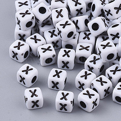 Perles acryliques opaques blanches, trou horizontal, cube avec alphabet noir, letter.x, 4~5x4~5x4~5mm, Trou: 1.8mm, environ 255~260 pcs/20 g