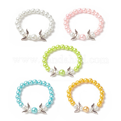 Glass Imitation Pearl Beaded Stretch Bracelets, Alloy Wing Jewelry for Kids, Mixed Color, 1/4 inch(0.65cm), Inner Diameter: 2-1/8 inch(5.5cm)