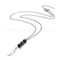 Halsketten-Anhänger, mit Messing-Zirkonia-Perlen, natürliche schwarze Achat Perlen, 304 Edelstahl-Rolloketten und Karabinerverschlüsse, Feder, Metallgrau, 17.79 Zoll (45.2 cm)